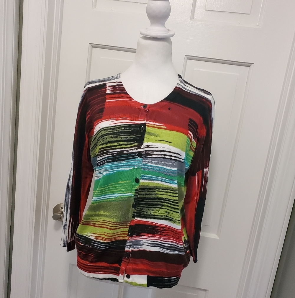 Joseph A. Colorful Print Knit Cardigan Size Large, Business Casual